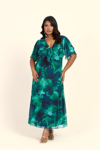 Curve Floral Green Abstract Tie Front Flutter Sleeve Midi Dress