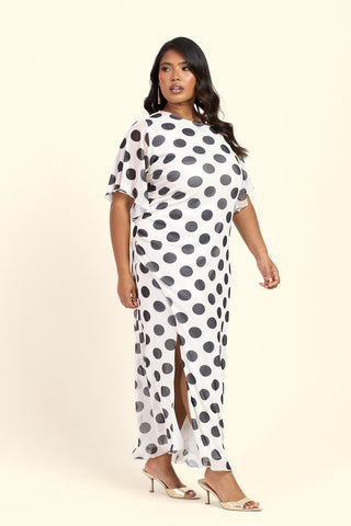 Curve Flutter Sleeve Large Polka Dot Ruched Side Maxi Dress
