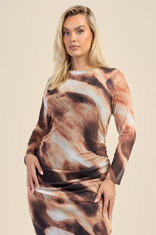Curve long sleeve mesh abstract print midaxi print
