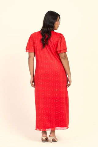 Curve Polka Dot Flutter Sleeve V Neck Midi Dress