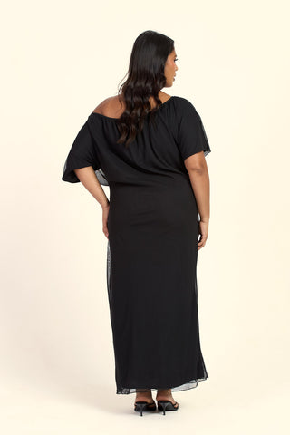 Curve Drop Shoulder Ruched Mesh Black Midaxi Dress