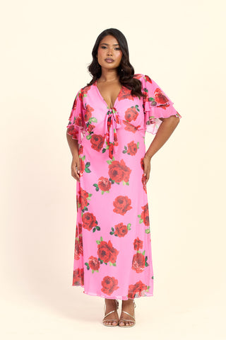 Curve Bold Floral Flutter Sleeve Tie Front Midi Dress
