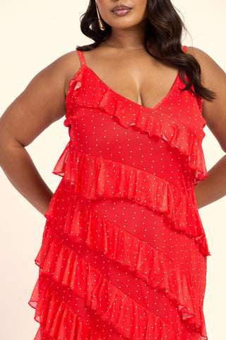 Curve Red Polka Dot Ruffle Strappy Maxi Dress