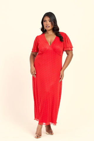 Curve Polka Dot Flutter Sleeve V Neck Midi Dress