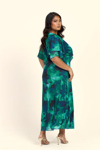 Curve Floral Green Abstract Tie Front Flutter Sleeve Midi Dress