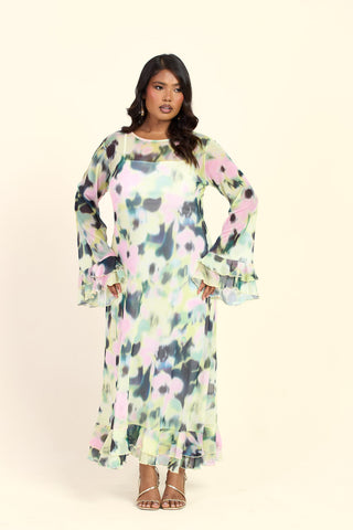 Curve Blurred Floral Round Neck Long Sleeve Ruffle Swing Midaxi Dress