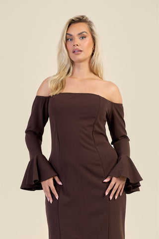 Curve Bardot Ruffle Sleeve Scuba Midi Dress