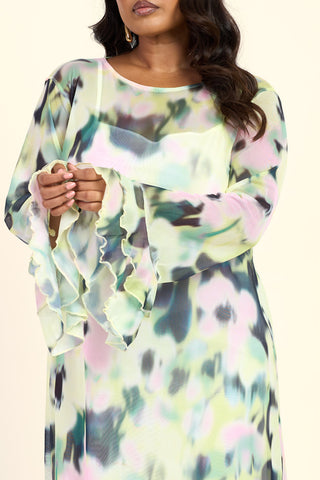 Curve Blurred Floral Round Neck Long Sleeve Ruffle Swing Midaxi Dress