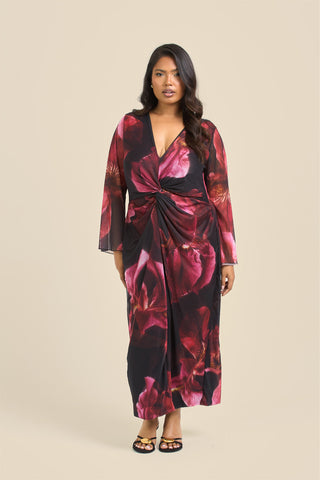 Curve Twist front large floral burgundy mesh midi dress