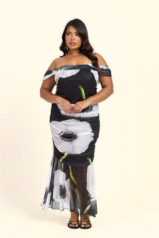 Curve Bold Floral Print Bardot Ruched Midi Dress