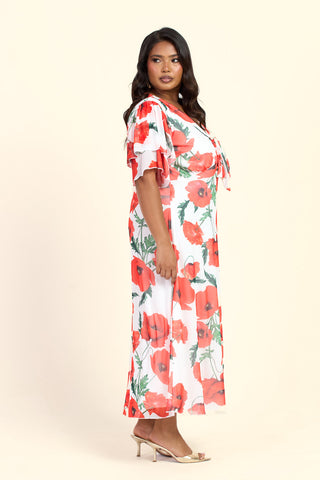 Curve Poppy Print Flutter Sleeve Tie Front V Neck Midi Dress
