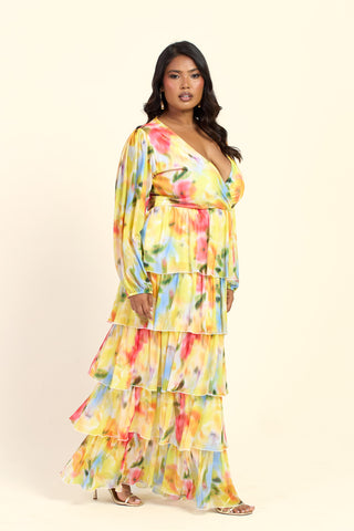 Curve Floral Print Ruffle Balloon Sleeve Maxi Dress