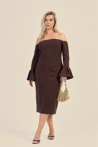 Curve Bardot Ruffle Sleeve Scuba Midi Dress