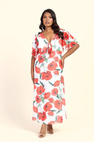 Curve Poppy Print Flutter Sleeve Tie Front V Neck Midi Dress