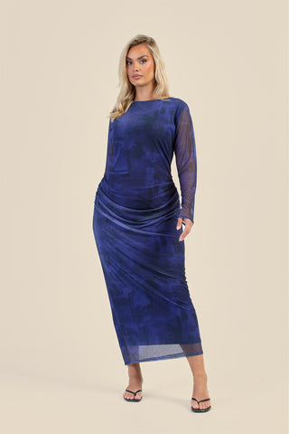Curve Navy Abstract Ruched Mesh Midaxi Dress