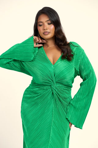 Curve Twist Front Plisse Flare Sleeve Midaxi Dress