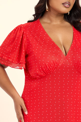 Curve Polka Dot Flutter Sleeve V Neck Midi Dress