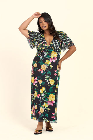 Curve Mixed Lemon Print Flutter Sleeve V Neck Midi Dress