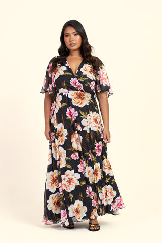 Curve Dark Floral Angel Sleeve Maxi Dress