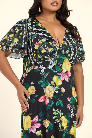 Curve Mixed Lemon Print Flutter Sleeve V Neck Midi Dress