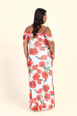 Curve Cold Shoulder Poppy Print Strappy Maxi Dress