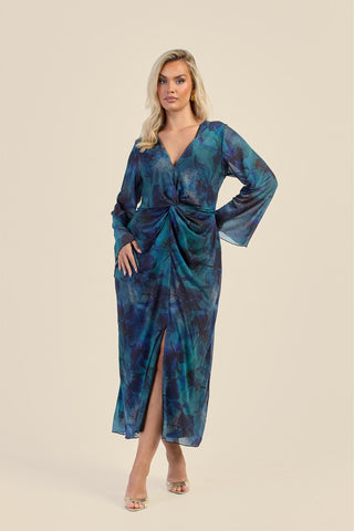 Curve Teal Floral Twist Front Mesh Midi Dress