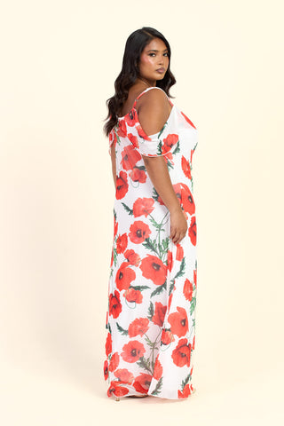 Curve Cold Shoulder Poppy Print Strappy Maxi Dress