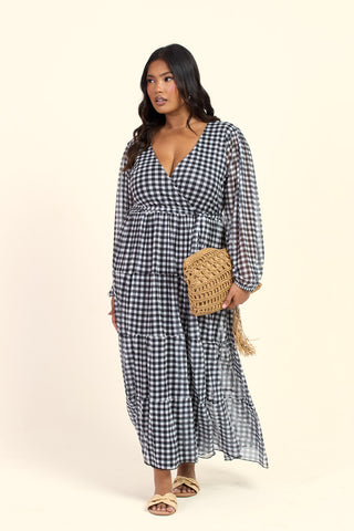 Curve Gingham Print Wrap Tie Belt Tiered Maxi Dress