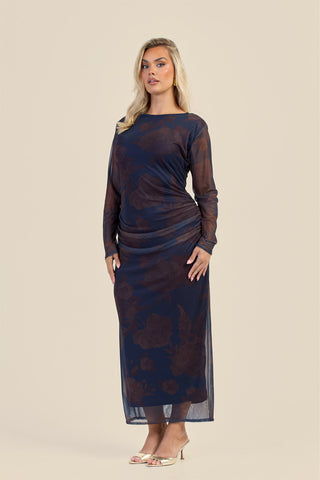 Curve Long Sleeve Ruched Midaxi Dress In Floral Print