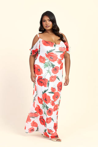 Curve Cold Shoulder Poppy Print Strappy Maxi Dress