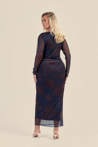 Curve Long Sleeve Ruched Midaxi Dress In Floral Print