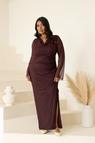 Curve Cowl Neck Long Sleeve Mesh Maxi Dress