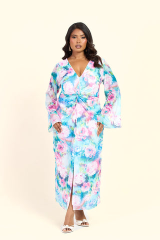 Curve Blurred Floral Pastel Flare Sleeve Twist Front Midi Dress
