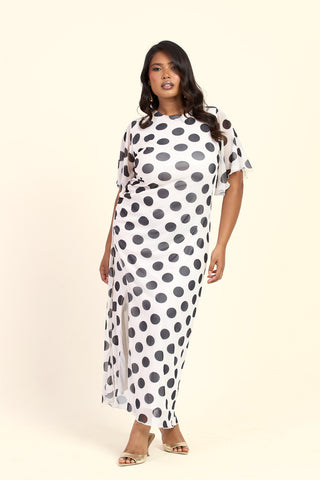 Curve Flutter Sleeve Large Polka Dot Ruched Side Maxi Dress