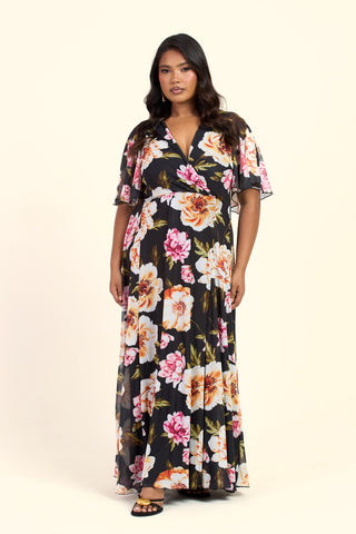 Curve Dark Floral Angel Sleeve Maxi Dress