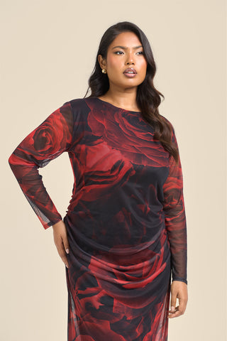 Curve rose print ruched midaxi dress
