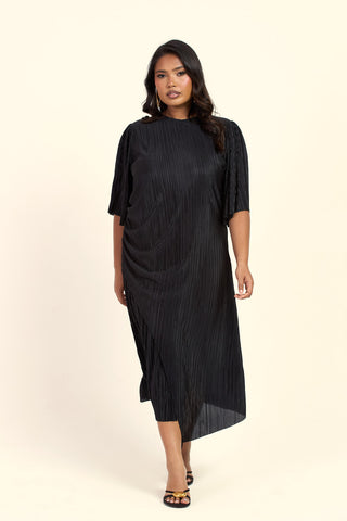 Curve Plisse Ruched Side Flutter Sleeve Midi Dress