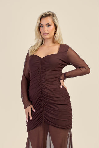 Curve Ruched Body Mesh Drop Hem Maxi Dress