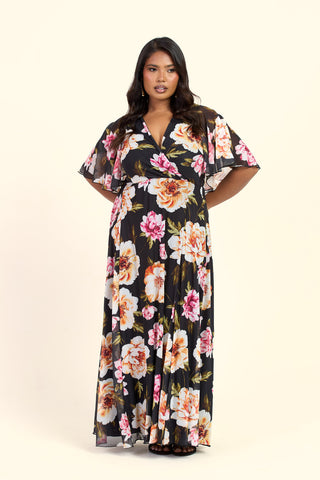 Curve Dark Floral Angel Sleeve Maxi Dress