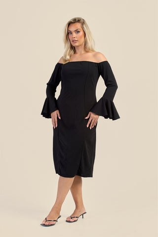 Curve Bardot Ruffle Sleeve Scuba Midi Dress