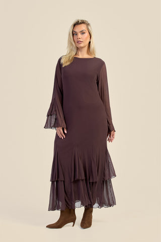 Curve Godet Skirt Flare Sleeve Mesh Maxi Dress