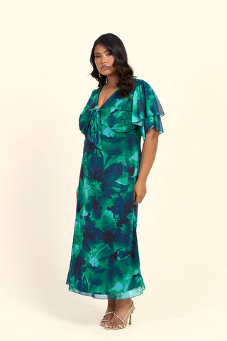 Curve Floral Green Abstract Tie Front Flutter Sleeve Midi Dress