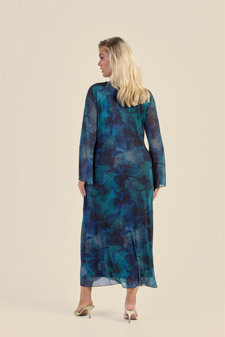 Curve Teal Floral Twist Front Mesh Midi Dress