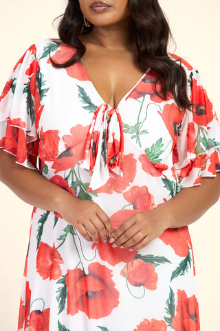 Curve Poppy Print Flutter Sleeve Tie Front V Neck Midi Dress