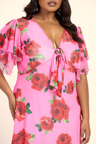 Curve Bold Floral Flutter Sleeve Tie Front Midi Dress