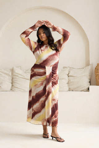 Curve Abstract Print Draped Front Long Sleeve Midi Dress
