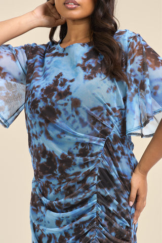 Curve Blue Abstract Print Flutter Sleeve Ruched Midi Dress