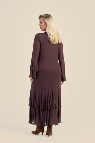 Curve Godet Skirt Flare Sleeve Mesh Maxi Dress