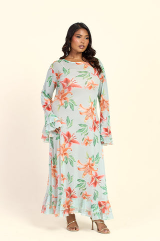 Curve Lily Print Long Sleeve Ruffle Swing Maxi Dress