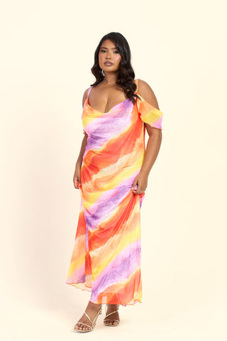 Curve Cold Shoulder Ombre Marble Print Maxi Dress